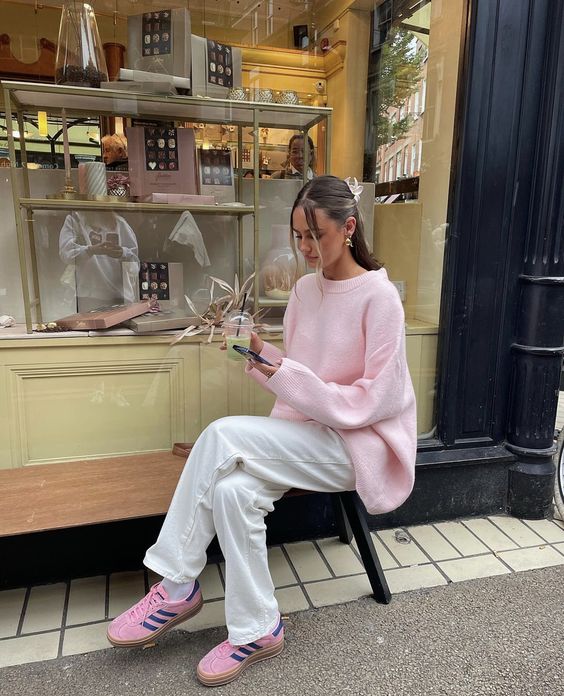 Pink Sweater with White Pants and Pink Sneakers